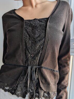 Brown Lace Trim Cardigan Layered Set with Ribbon Tie